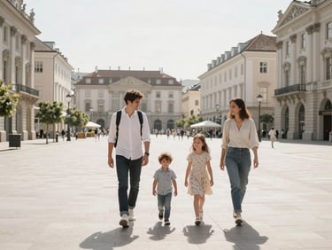 Elegant family walking through a scenic European city square, desaturated, high-contrast, bright natural daylight.