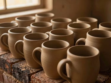 Row of unglazed, bone-dry clay mugs stacked inside a dark brick kiln, soft golden light illuminating the raw textures
