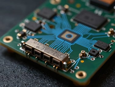 Macro close-up of physical hardware interface, structured system architecture diagram overlay in electric blue lines, low-key dark environment.
