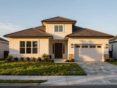 A modern suburban Florida home with a sunlit front yard, warm golden hour lighting, clean architectural lines