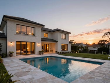 An elegant luxury estate featuring panoramic sunset views, private pool, and custom finishes in a quiet, established neighborhood