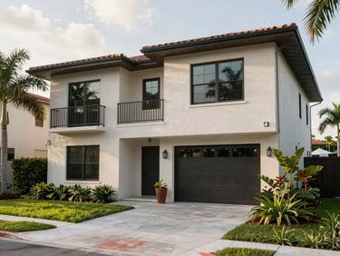 A stylish contemporary townhome in Florida, surrounded by lush green landscaping under soft natural daylight