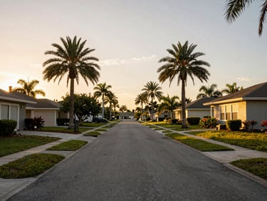 Wide environmental shot of a quiet Florida residential street during golden hour, palm trees, warm sunset light filtering through, authentic neighborhood feel.