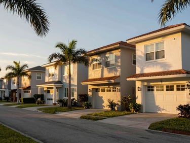 A warm, sunlit Florida neighborhood street lined with diverse modern townhomes and single-family houses, golden hour light filtering through palm fronds