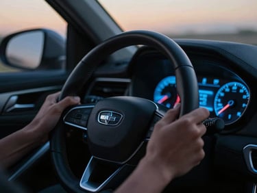 Close-up of a driver's hands on a leather steering wheel of a modern vehicle, glowing electric blue dashboard instruments, dusk light filtering through the windshield