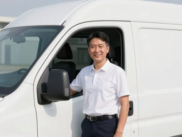 Professional driver in clean uniform smiling next to a modern white transport vehicle, bright morning light, realistic colors