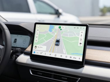 Close up of a modern vehicle dashboard showing a clean GPS navigation map, bright daylight, sharp focus