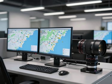 A professional office environment in Hooksett NH with dispatch screens displaying real-time telemetry maps of New England, clean industrial design, 35mm lens.