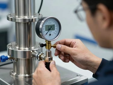 Close-up of a certified technician calibrating a digital flow meter on a stainless steel manifold, sharp industrial lighting, cool metallic tones, 35mm lens.