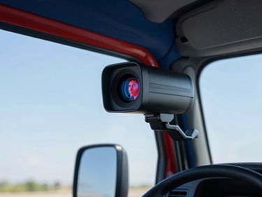 Close-up of a professional truck driver monitored by an infrared camera system inside a clean cabin, subtle red and blue tech overlays indicating facial scanning, crisp daylight, 35mm lens