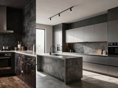 Split screen showing a dark, dated kitchen next to a completely remodeled minimalist kitchen with concrete countertops and premium steel finishes, sharp architectural lighting.
