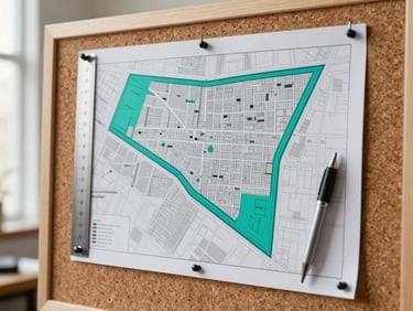 Close-up overhead shot of a city map printout pinned to a warehouse corkboard with a highlighted delivery zone boundary marked in teal marker, a ruler and pen beside it, bright natural window light