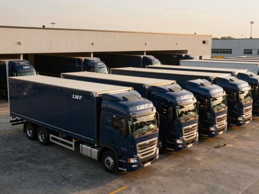 Wide panoramic shot of a modern logistics hub with several deep-navy LWF transport trucks parked in neat rows under cinematic golden hour light, 35mm.