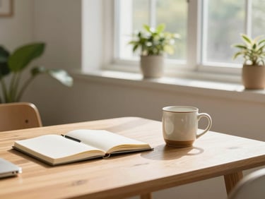 Cozy and bright home office corner, warm daylight streaming through a window, a clean wooden desk with a notebook and a ceramic mug, soft green plants in the background, warm editorial photography
