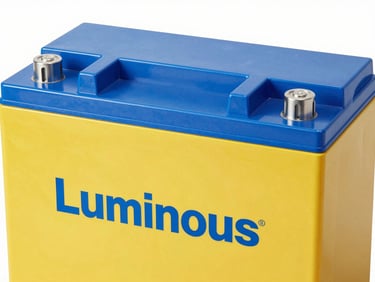 Clean close-up of a new Luminous inverter battery, bright commercial photography, clean natural daylight, sharp focus, high-contrast blue and yellow tones, 35mm lens