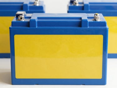Clean close-up of a Luminous inverter battery, new and gleaming, crisp workshop lighting, straight-on product shot, blue and yellow tones.