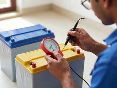 Close-up of a technician checking an inverter battery with a hydrometer in a well-lit Jaipur home, clean natural daylight, sharp focus, high-contrast blue and yellow tones, 35mm lens.