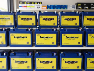 Clean product shot of various branded inverter batteries (Luminous, Microtek) neatly displayed in a well-lit store, straight-on framing, high-contrast blue and yellow tones, 35mm lens.