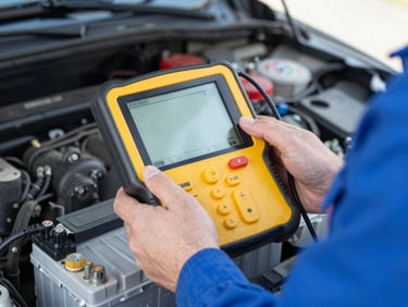Technician using a diagnostic tool on a car battery, bright natural daylight, clear focus on the device screen and battery terminals, 35mm lens