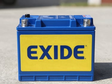 Straight-on product shot of a new Exide car battery, bright commercial photography, clean natural daylight, sharp focus, high-contrast blue and yellow tones, 35mm lens