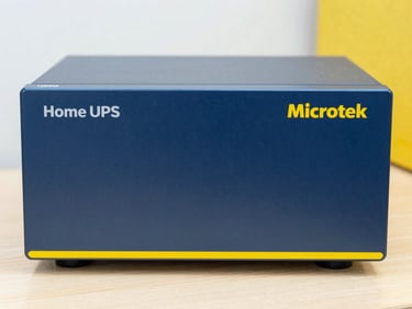 Clean close-up of a Microtek Home UPS system, new and gleaming, crisp workshop lighting, straight-on product shot, blue and yellow tones.