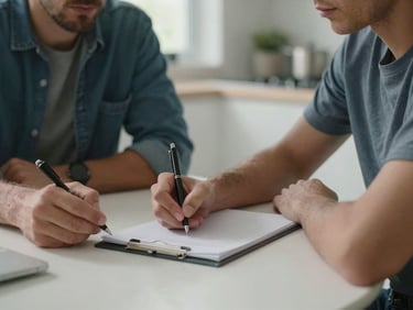 Two people in conversation at a kitchen table, one taking notes on paper, overcast natural light, no medical props, casual clothing, close-medium framing showing hands and table surface