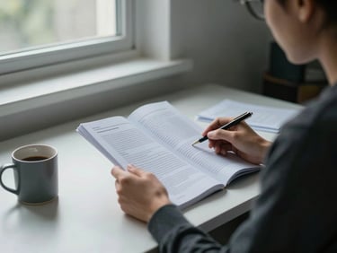 Medium environmental shot of a person seated at a home office desk, reading a printed guide with a pen in hand, a mug and small stack of papers to the side, north-facing window light casting even cool daylight across the desk surface, face partially visible in three-quarter profile, no studio lighting