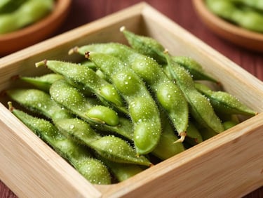 Freshly harvested vibrant green edamame pods in a wooden crate, morning dew visible