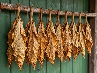 A bundle of cured golden-brown Burley tobacco leaves hanging in a rustic wooden barn