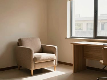 A serene empty consultation room, soft natural daylight streaming through a large window, warm sand-colored walls, a comfortable armchair, minimalist wooden desk, shallow depth of field, warm editorial photography