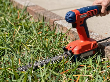 Close-up of a red and blue EMTOP cordless string trimmer slicing through thick grass near a brick border, bright daylight, sawdust and grass clippings flying
