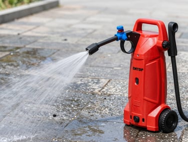 Vibrant red EMTOP high-pressure washer spraying water on a stone pathway, bright natural daylight, crisp action shot.