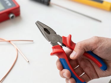 Hands gripping high-leverage red and blue EMTOP pliers cutting through thick copper wire, bright workshop daylight, high-contrast details.