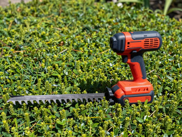 Bright daylight shot of a cordless hedge trimmer cutting clean lines through garden shrubs