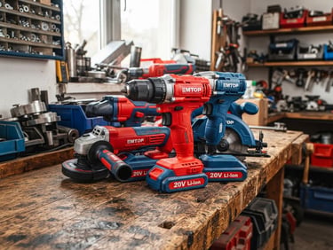 Sharp industrial photography of vibrant red and blue EMTOP cordless power tools stacked on a rugged wooden workbench, bright workshop daylight, high-contrast, clean details.