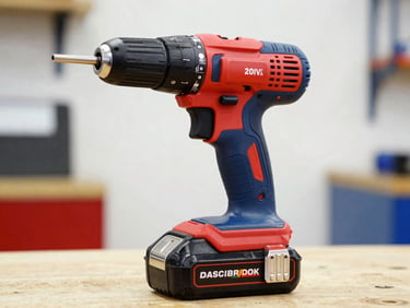 Tight product crop of a rugged red and blue 20V battery pack clicking into a brushless power drill, bright high-contrast workshop lighting