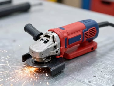 Vibrant red and blue cordless angle grinder throwing sparks on metal in a bright workshop setting