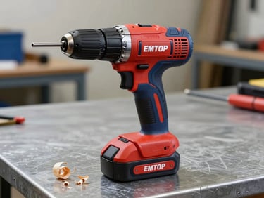 Vibrant red and blue EMTOP cordless drill resting on a steel table, wood shavings nearby, bright workshop daylight, sharp industrial details.