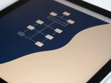 A detailed macro shot of a digital wireframe on a tablet, showing system architecture lines, bright natural daylight, deep navy and warm sand tones, sharp focus, 35mm