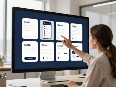 A developer analyzing clean mobile app wireframes on a screen in a modern office, bright natural light, sharp focus.