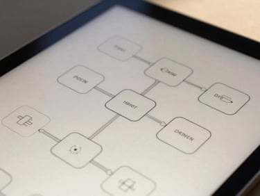 A detailed macro shot of a tablet displaying a complex mobile system architecture diagram, bright natural daylight, deep navy and warm sand tones, sharp focus, 35mm