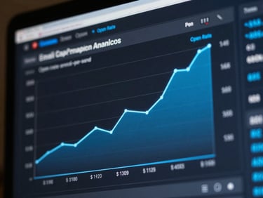 Email campaign analytics dashboard showing open rate and revenue-per-send trend lines mid-ascent, dark interface, neon blue chart lines, macro crop of screen metrics