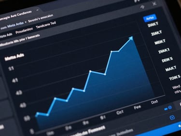 Close-up of a Meta Ads campaign dashboard on a dark interface, conversion rate graph showing sharp upward spike, cool blue accent highlights on key metrics, tight macro framing