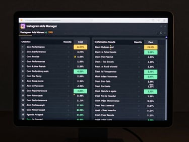 Instagram Ads Manager interface on dark screen showing creative performance comparison table, two ad sets side by side, cost-per-result columns highlighted, cool high-contrast studio lighting