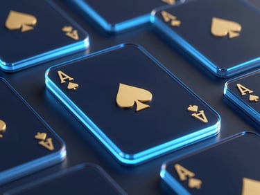 Sleek 3D render of glassmorphic playing cards, glowing neon blue edges, gold suit symbols, futuristic high-contrast lighting.