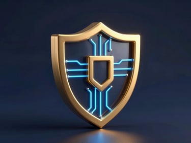 Sleek 3D render of a secure shield icon with glowing gold and neon blue circuits, dark luxury high-contrast lighting, isometric.