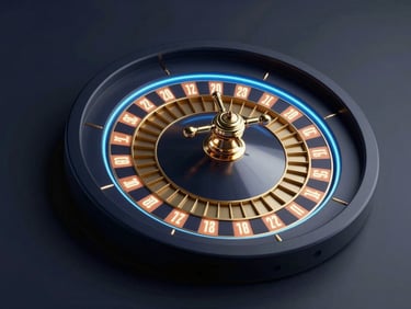 Sleek 3D render of an abstract roulette wheel segment, glowing gold numbers, neon blue track, dark obsidian background.