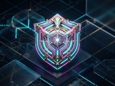 Macro 3D render of a glowing neon shield with gold accents, floating over a dark glassmorphic grid background, high contrast studio lighting