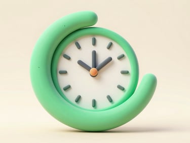 3D claymorphism illustration of a stylized clock and crescent moon, soft diffused studio light, warm cream tones