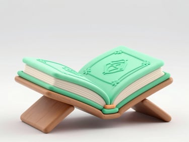 3D claymorphism illustration of an open Quran on a wooden stand, soft mint and emerald lighting, clean render